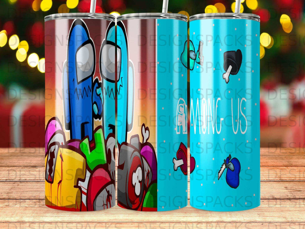 Among Us characters with a vibrant, swirly background design.