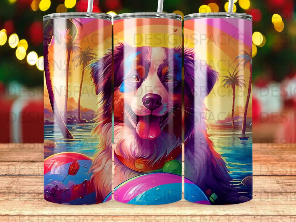 Colorful Australian Shepherd dog with tongue out, beach scene, on a tumbler.