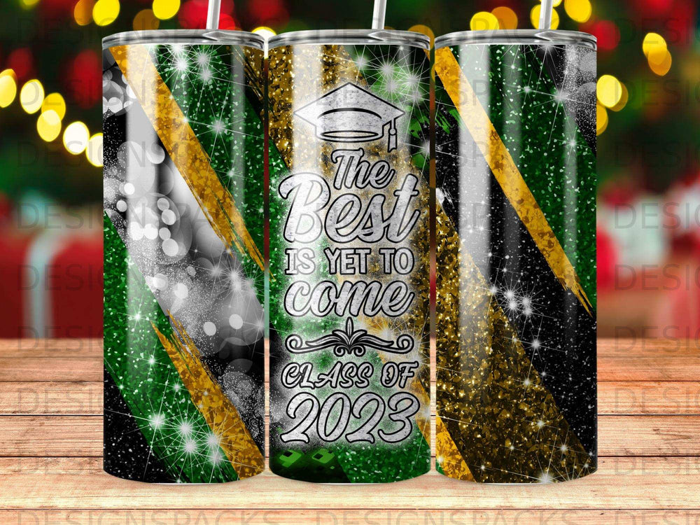 Glittering tumbler with "The best is yet to come Class of 2023" text.