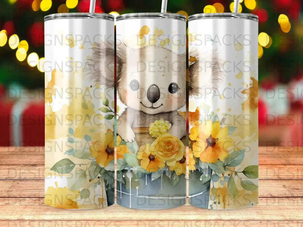 Koala holding flowers in a bucket, surrounded by floral patterns.