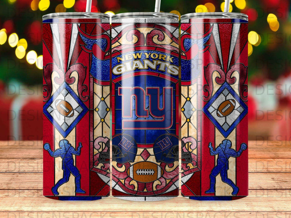 New York Giants stained glass tumbler with football motifs and player silhouettes.