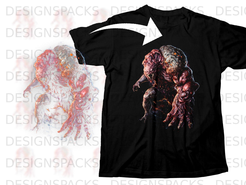 Black t-shirt with a dark, monstrous creature graphic and a faint image of the same creature.