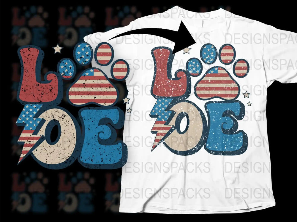 Patriotic Love USA T-Shirt, American Flag Paw Print Design, Red White and Blue, Unisex Adult Clothing