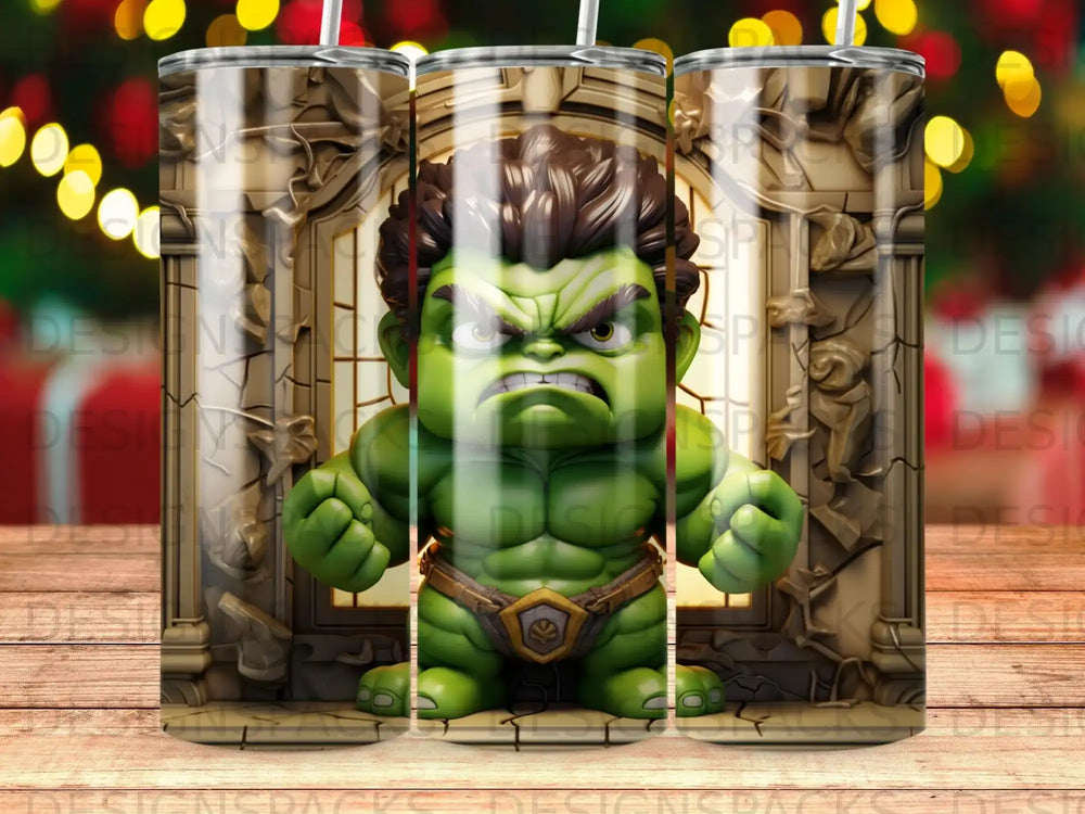 Hulk, flexing in a stone doorway, on a tumbler with festive lights.