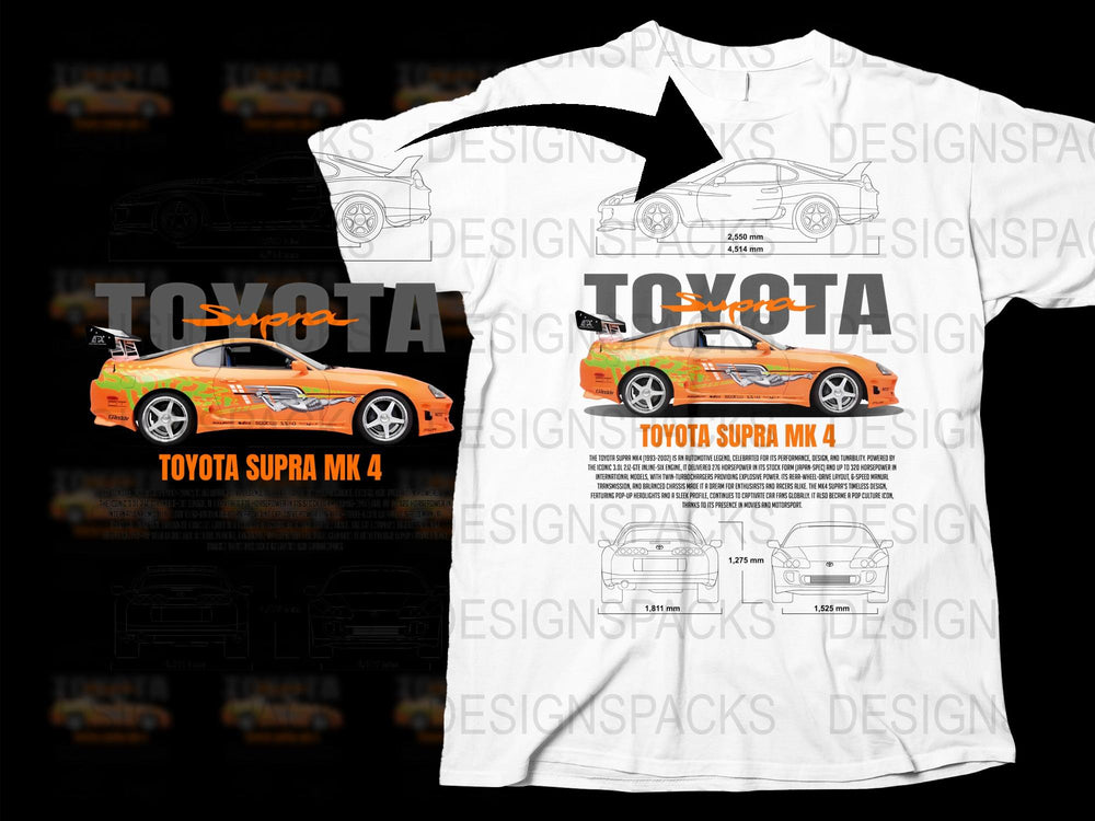 Toyota Supra MK 4 Graphic T-Shirt, Car Enthusiast Tee, Racing Apparel, Auto Design, White Shirt with Orange Sports Car Print