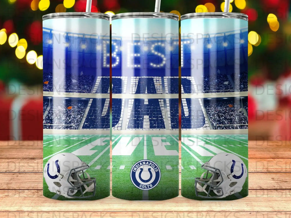 Indianapolis Colts "BEST DAD" tumbler with football helmets and stadium background.
