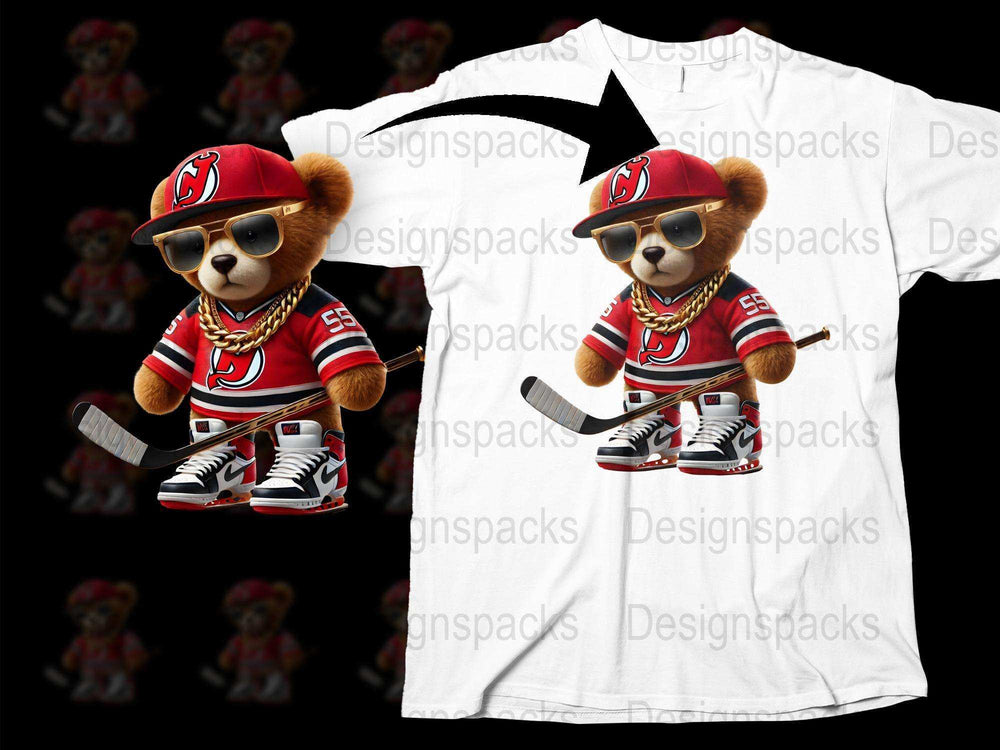 Kids Hockey T-Shirt, Cool Bear in Red Jersey and Hat, Youth Sports Apparel, Fun Graphic Tee
