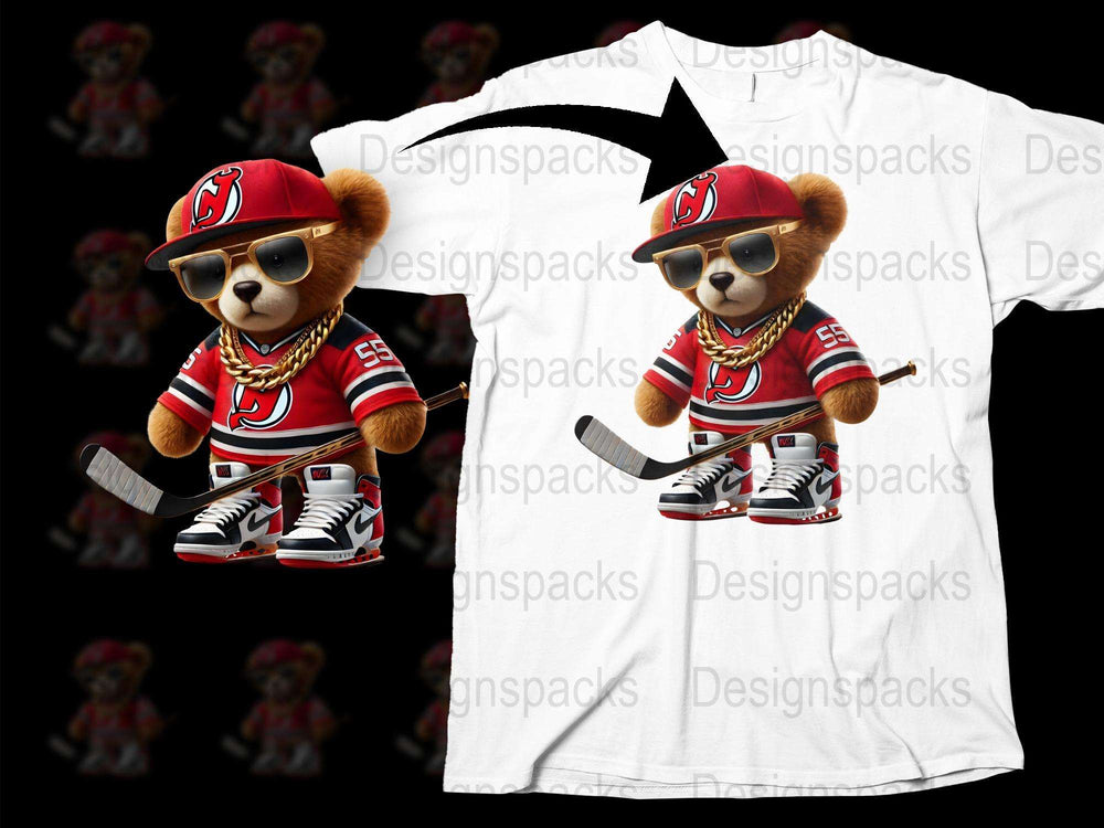 Kids Hockey T-Shirt, Cool Bear in Red Jersey and Hat, Youth Sports Apparel, Fun Graphic Tee