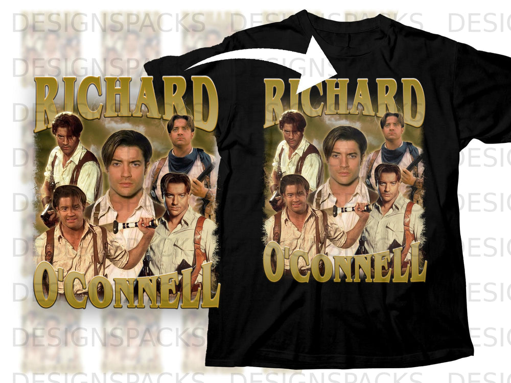 Black t-shirt with "Richard O'Connell" and multiple images of Brendan Fraser.