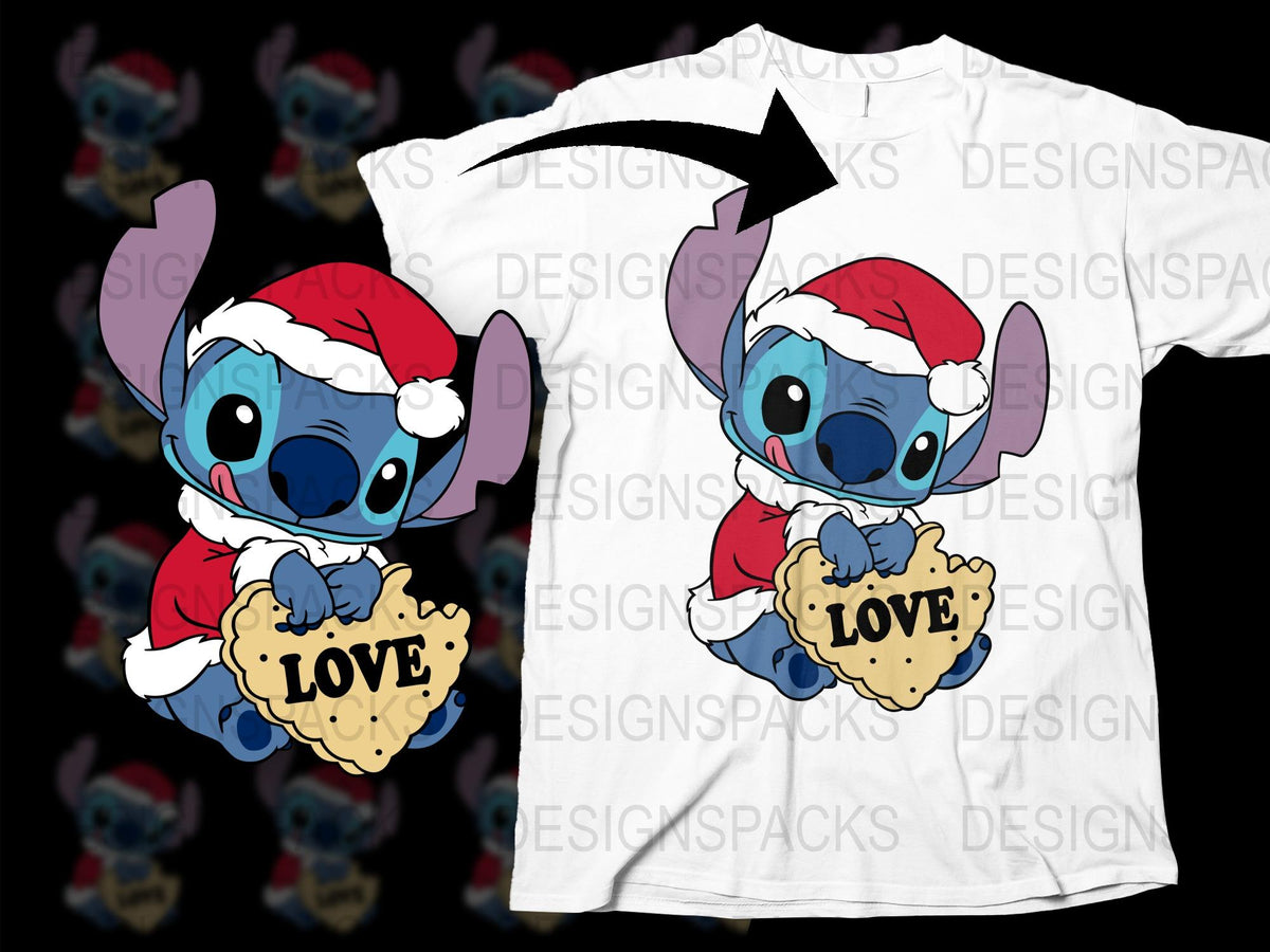 Stitch Santa Hat Christmas T-Shirt, Cute Alien Graphic Tee, Holiday Love Cookie Shirt