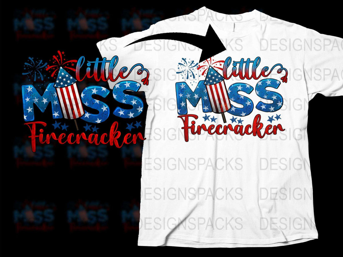 Little Miss Firecracker Patriotic T-Shirt, 4th of July Kids Outfit, American Flag Style, Red White Blue, Independence Day Toddler Tee