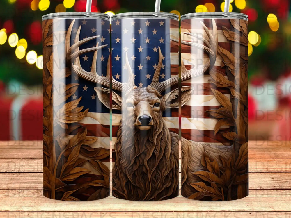 Deer with antlers and American flag backdrop on a patterned tumbler.