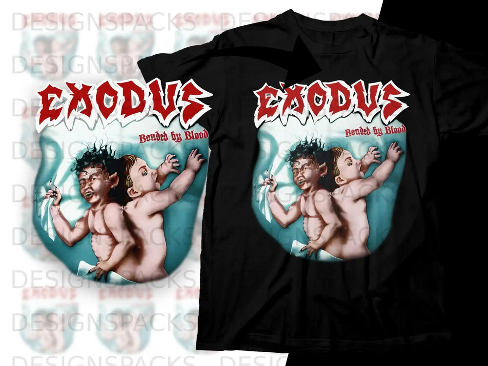 Black t-shirt with "Exodus Bonded by Blood" text and graphic of two babies.