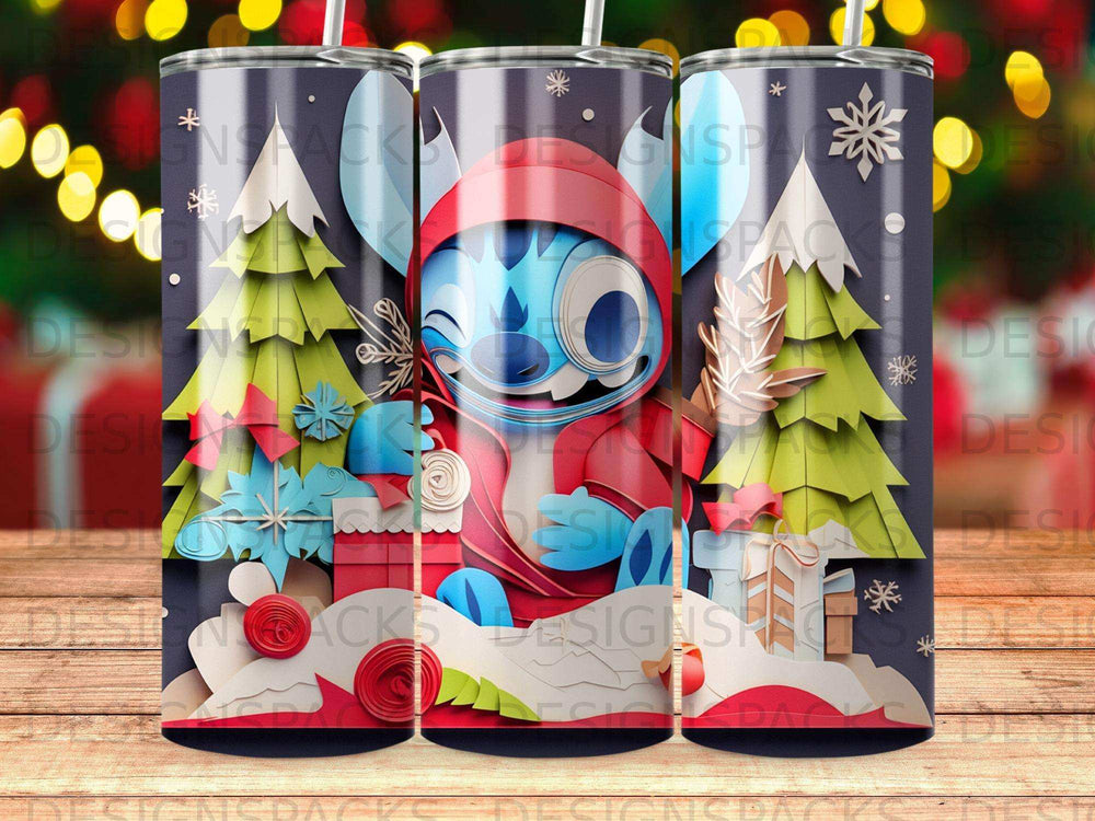 Stitch character in red hoodie with festive winter holiday decorations and gifts.