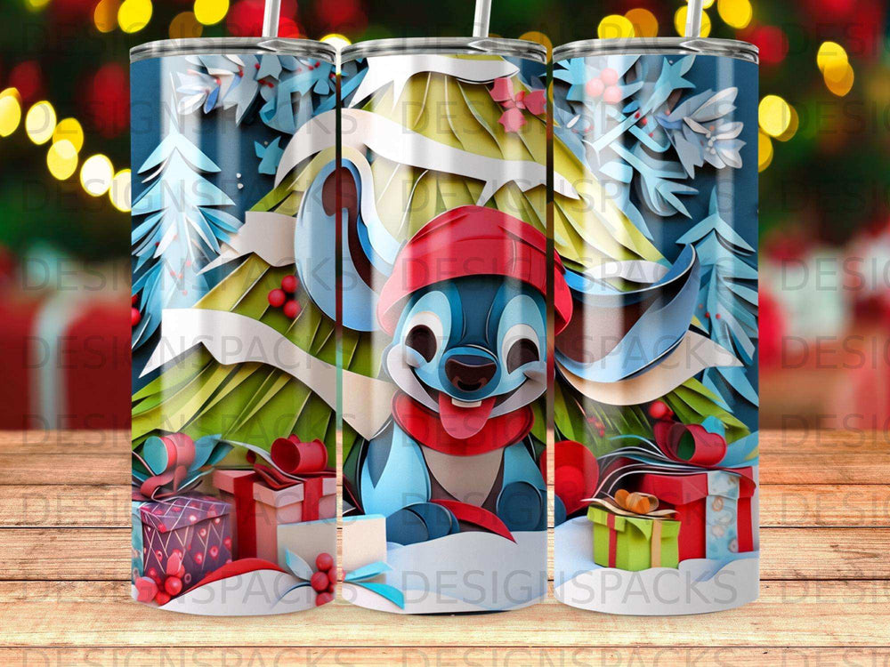 Stitch wearing a red hat surrounded by presents and snowy trees.