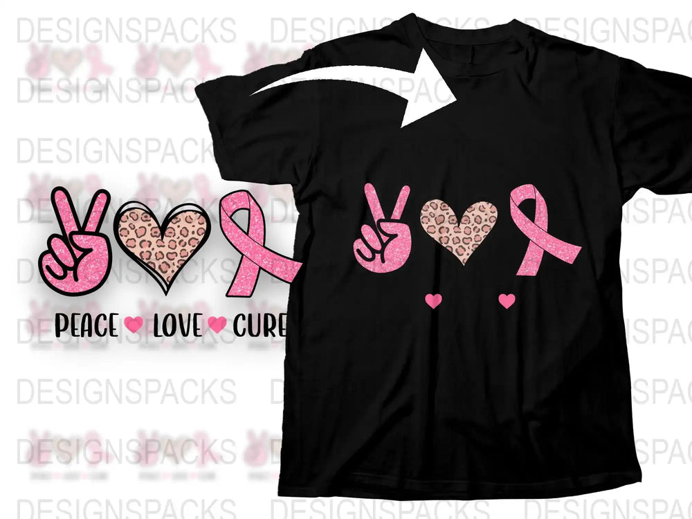 Pink Ribbon Breast Cancer Awareness T-Shirt, Peace Love Cure Graphic Tee, Sparkly Glitter Design, Women's Fashion Top
