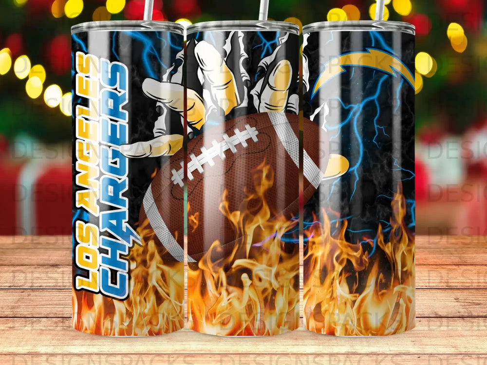 Los Angeles Chargers football and flames on a tumbler.