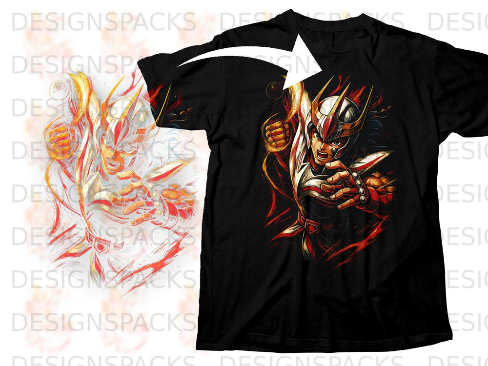 Black t-shirt with fiery anime character illustration of a warrior in armor.