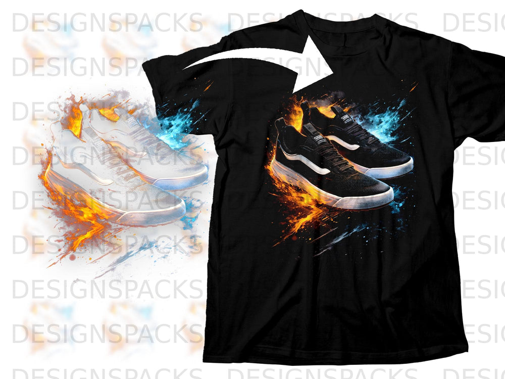 Black t-shirt with a graphic of Vans sneakers engulfed in flames and blue energy.