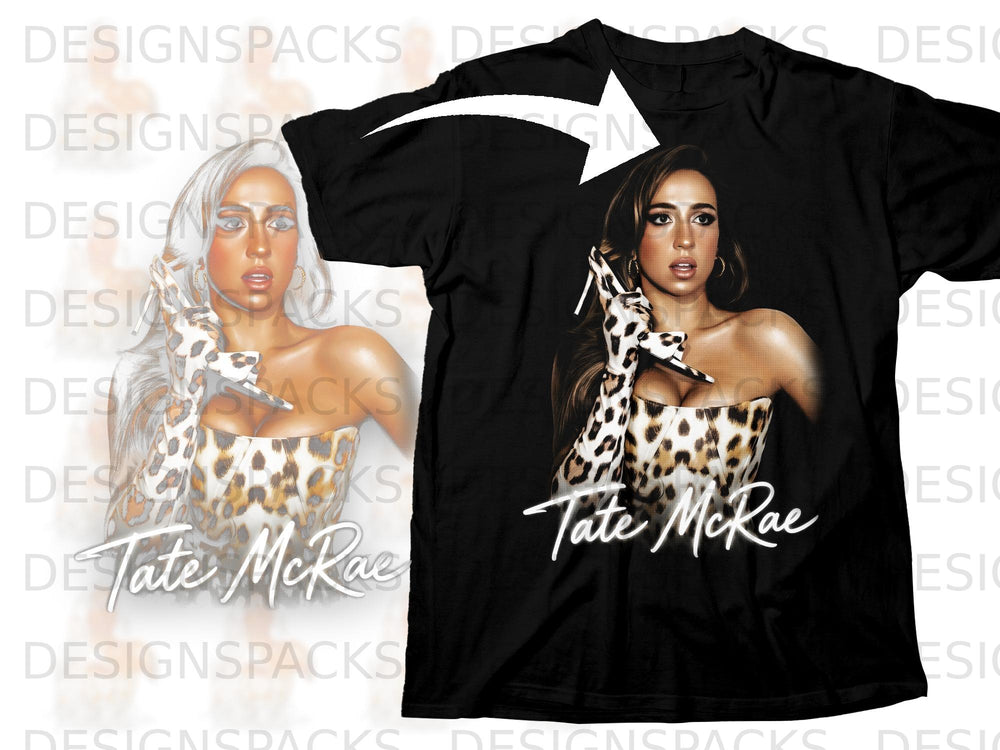 Black t-shirt with a leopard print corset and a portrait of Tate McRae.