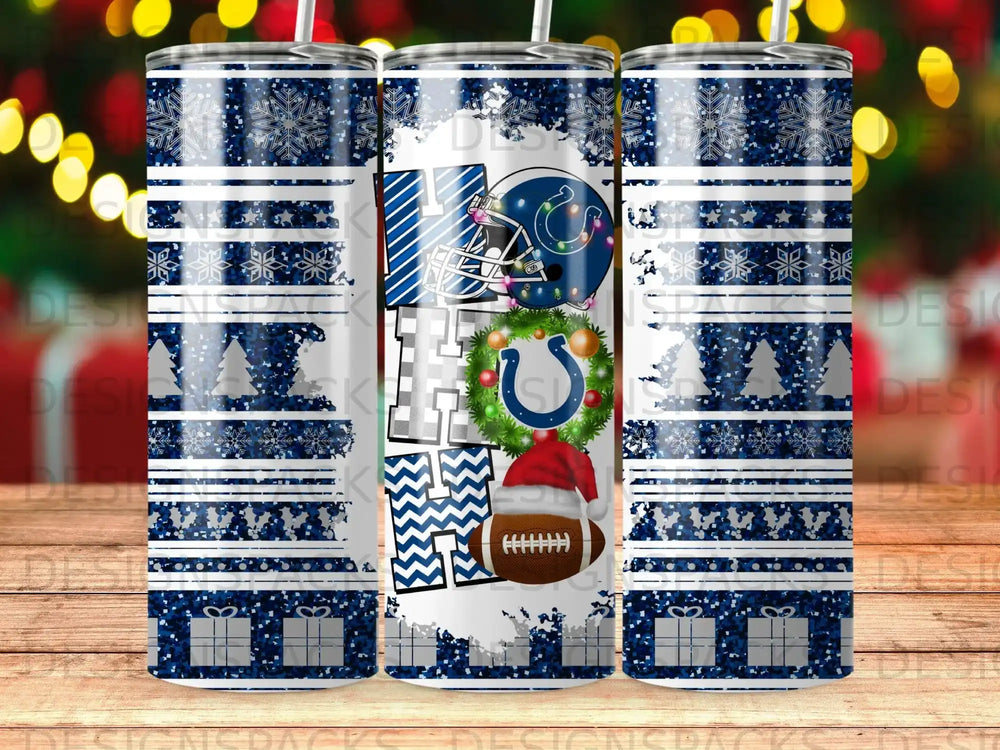 Blue and white snowflake pattern tumbler with football helmet and horseshoe design.