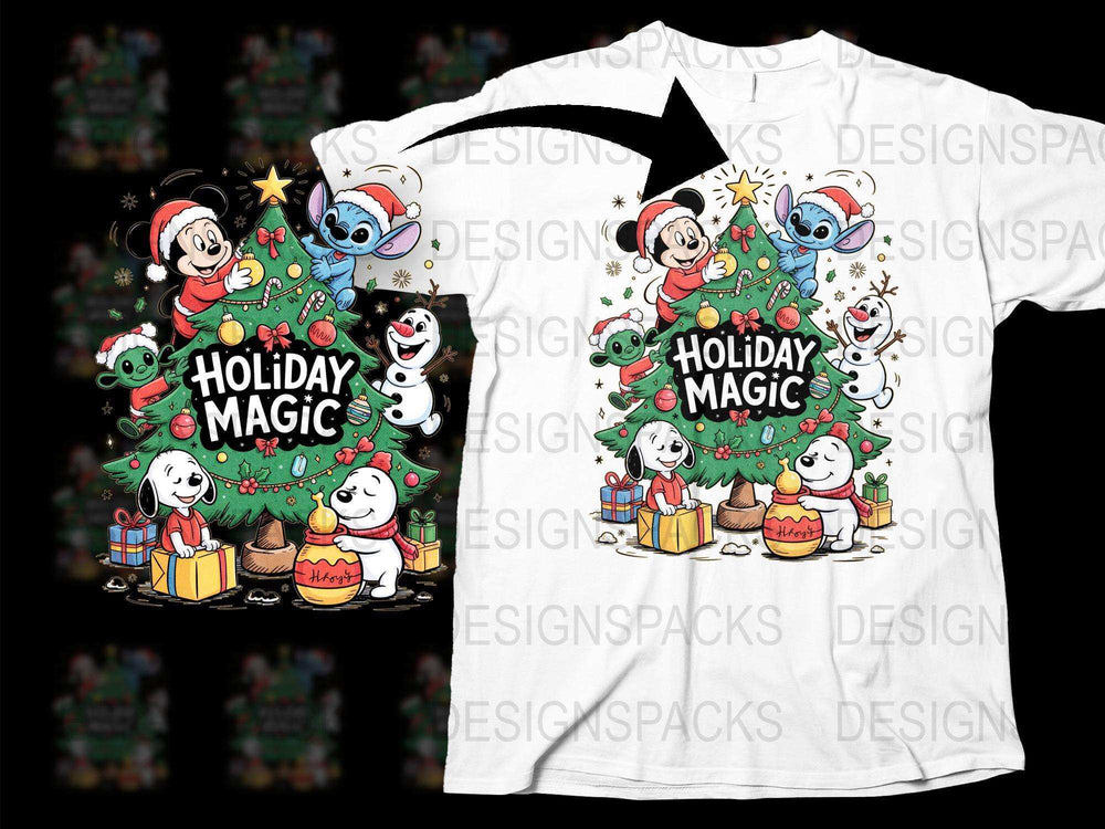 Holiday Magic T-Shirt, Christmas Tree and Snowman, Festive Cartoon Characters, Kids and Adults Christmas Apparel