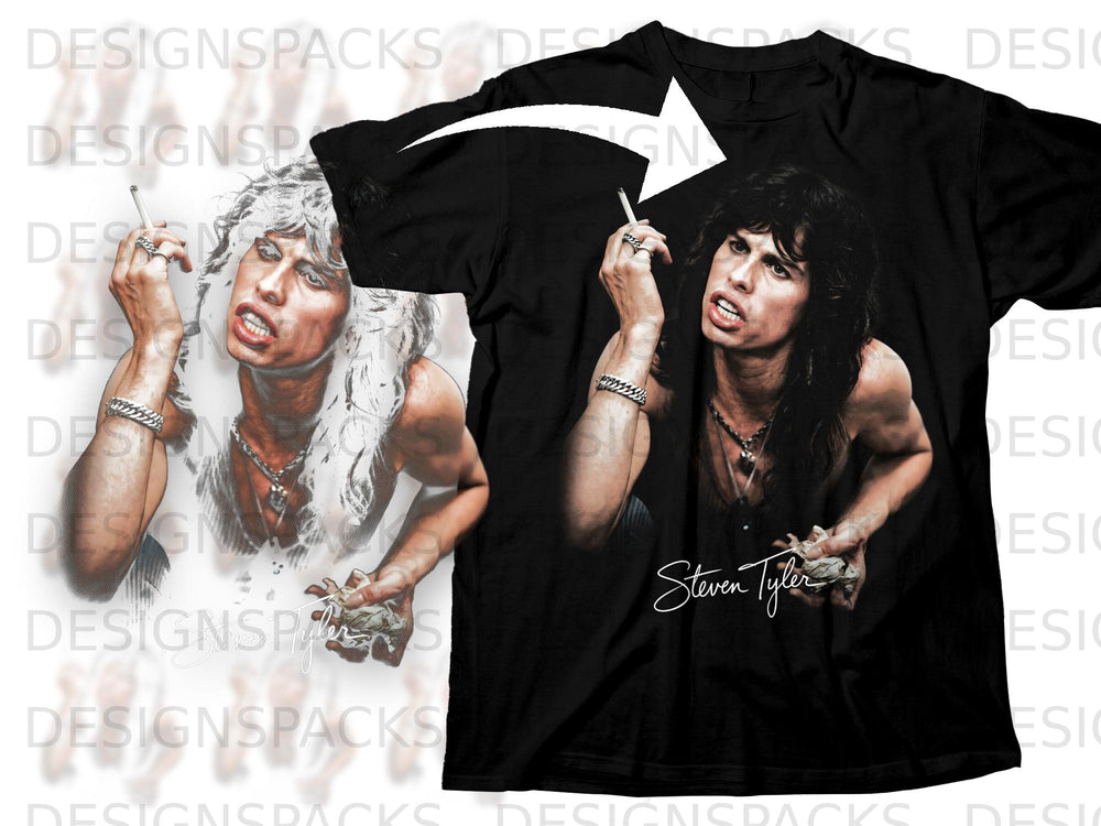 Black t-shirt with "Steven Tyler" text and portrait of the singer smoking.