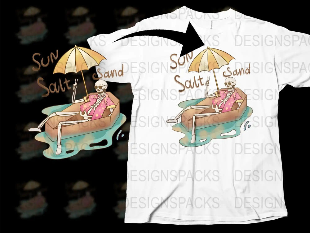 Beach Themed T-Shirt, Sun Sand Salt, Relaxing Skeleton Graphic Tee, Summer Vacation Shirt, Unique Unisex Apparel