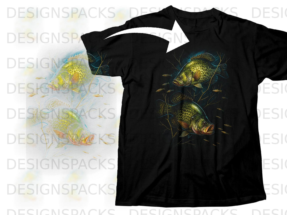 Black t-shirt with a graphic of two bass fish and small fish underwater.