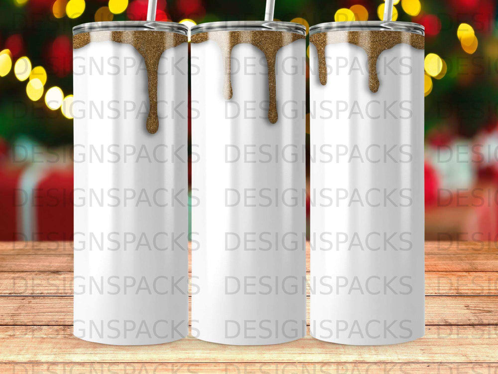 Gold glitter-topped tumbler with white background and repeating "DESIGNSPACKS" text.