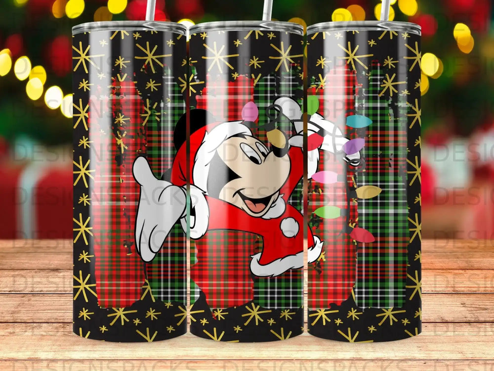 Mickey Mouse in Santa suit on plaid background with colorful holiday lights.
