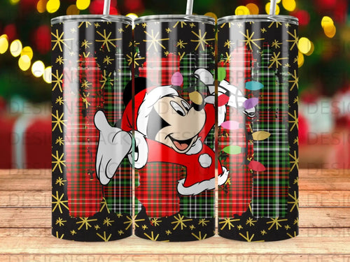 Mickey Mouse in Santa suit on plaid background with colorful holiday lights.