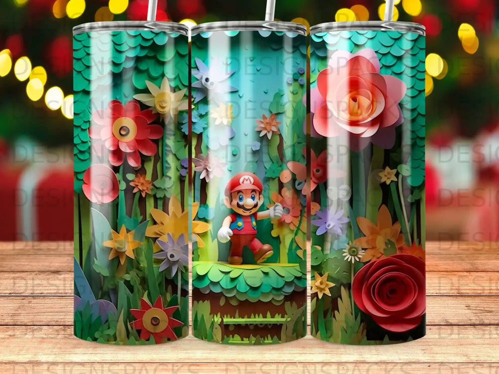 Mario standing among colorful paper flowers and foliage.