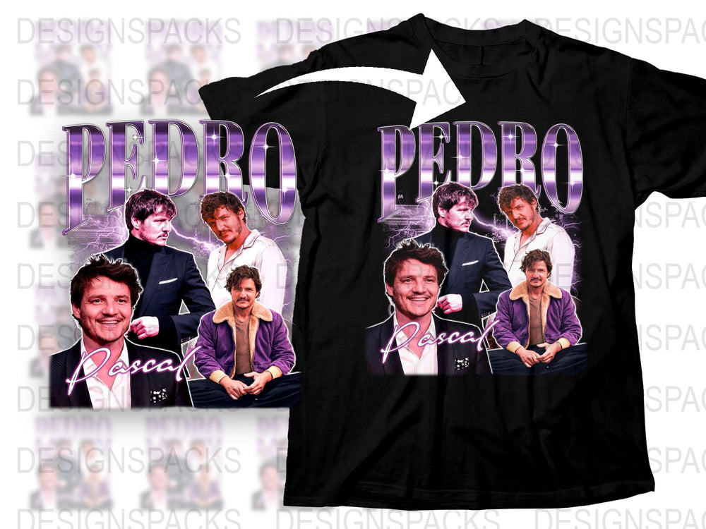 Pedro Pascal Fan T-Shirt, Multiple Poses Graphic Tee, Purple and Black, Unisex Pop Culture Apparel