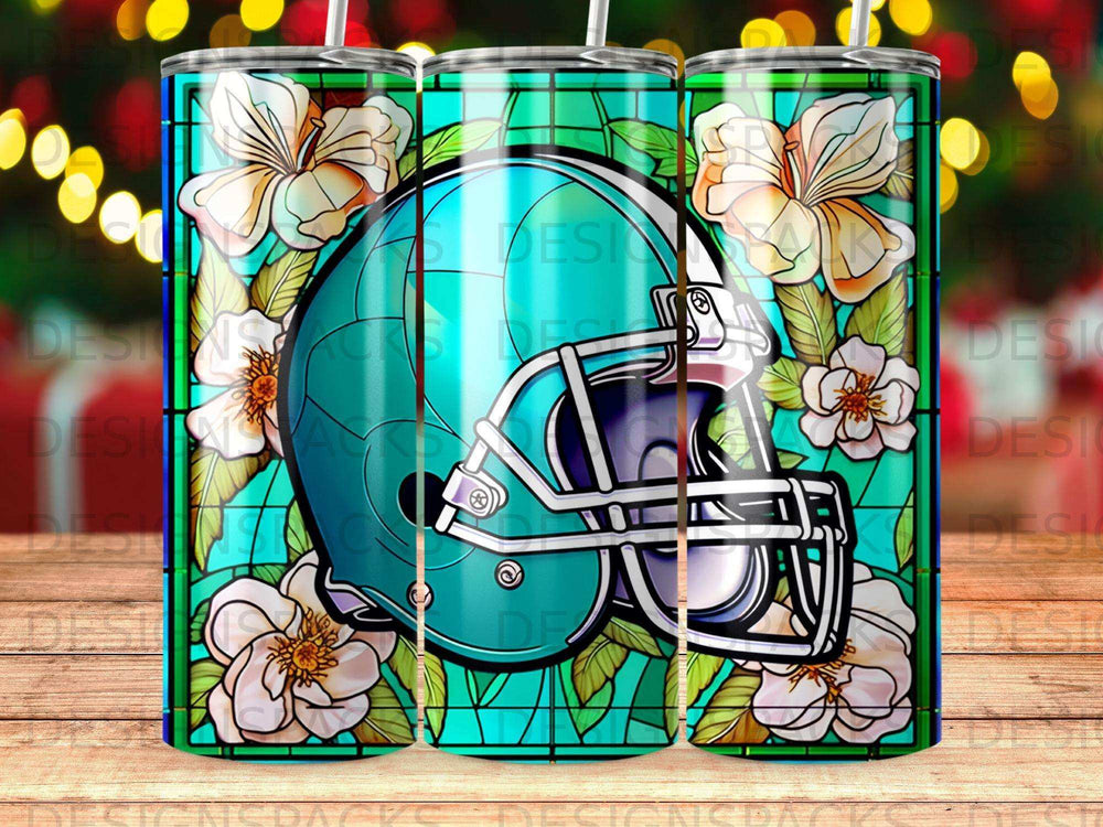 Teal football helmet with white flowers and stained glass background.