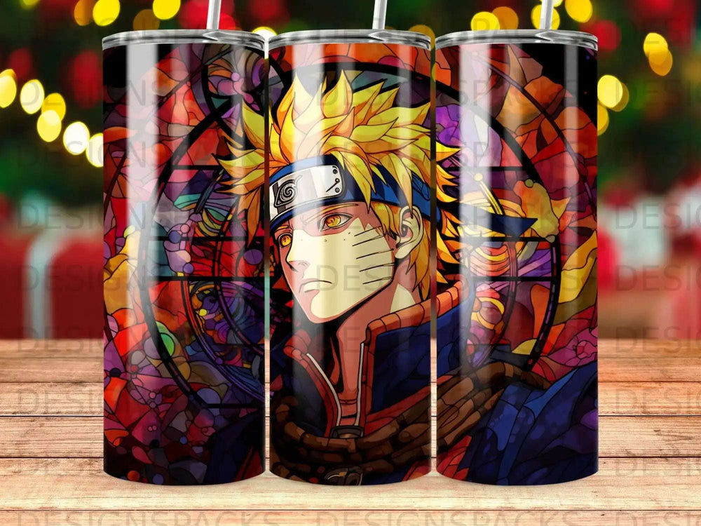 Naruto Uzumaki in stained glass style on a tumbler wrap.