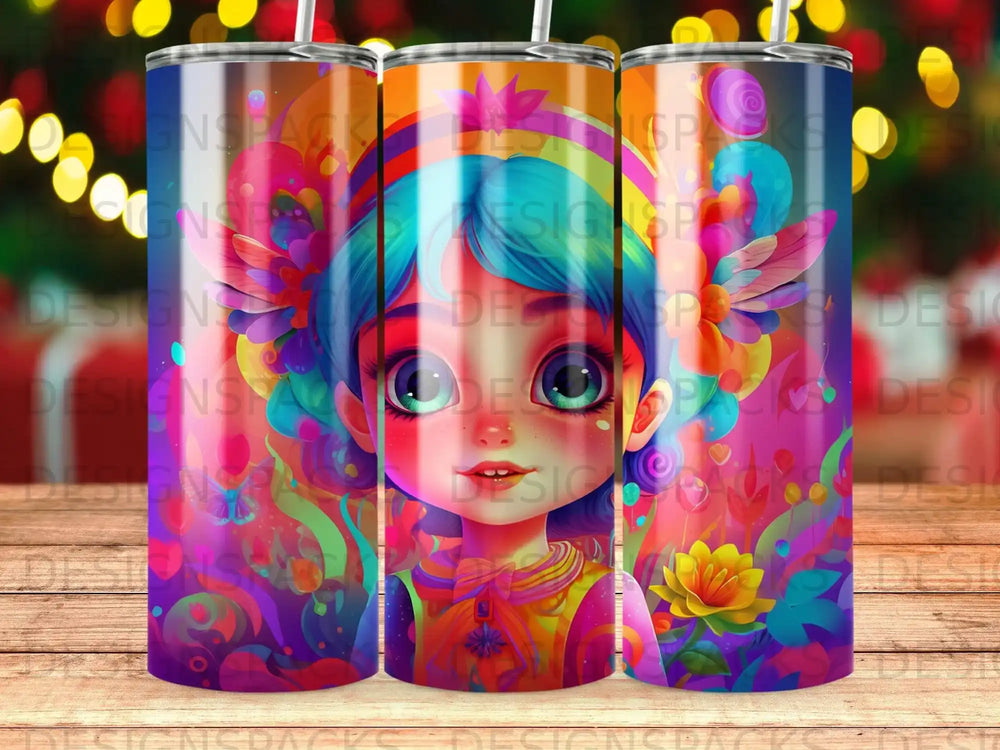 Tattooed woman with colorful hair and butterfly wings, on a patterned background.