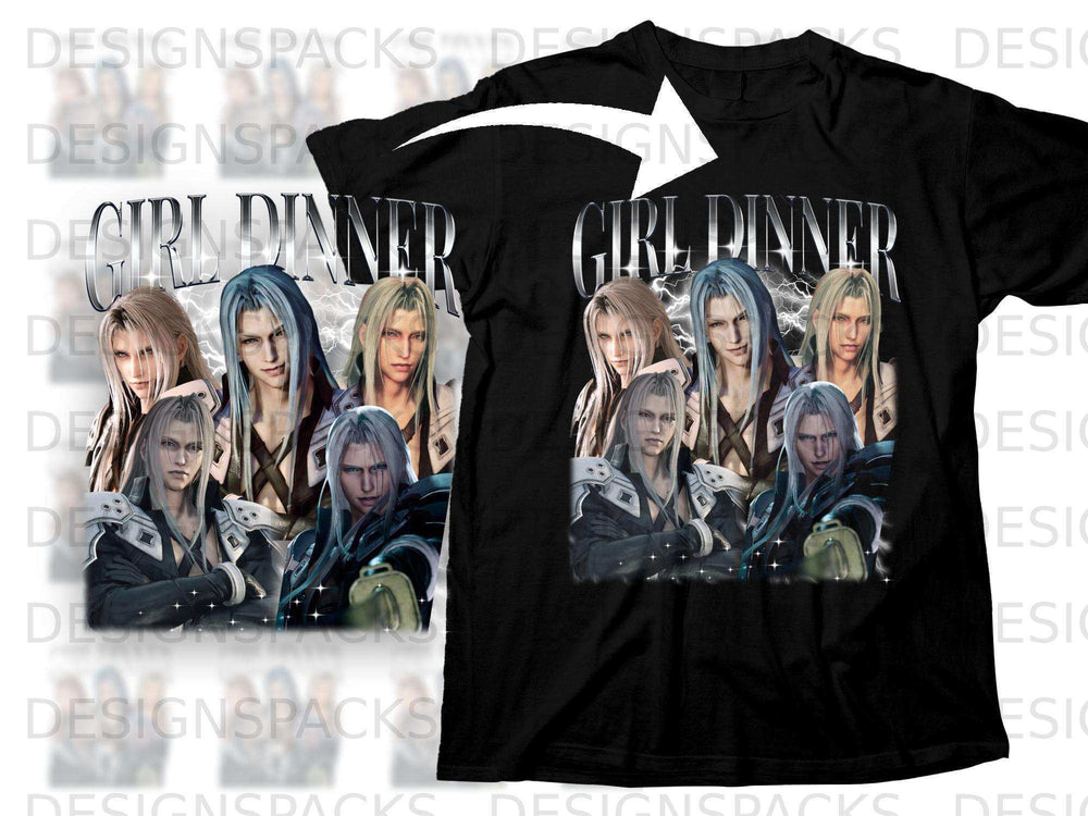 Black t-shirt with Final Fantasy characters Cloud, Tifa, and Sephiroth on front.