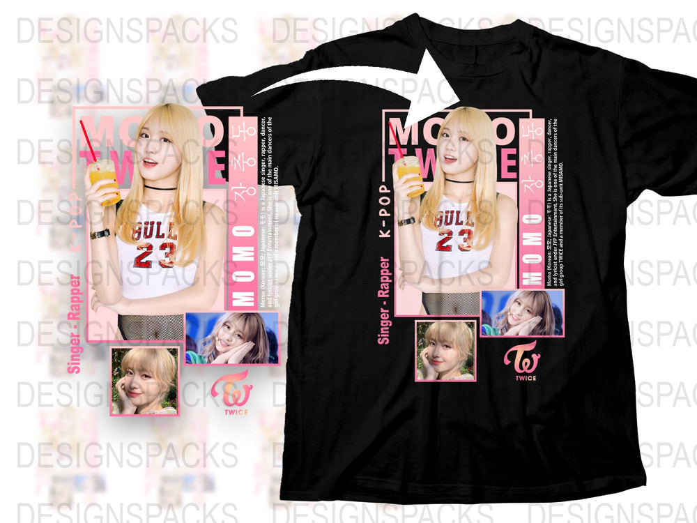K-Pop Fan T-Shirt, TWICE Momo Printed Graphic Tee, Casual Black Cotton Shirt, Korean Pop Music Merchandise, Gift for Teens