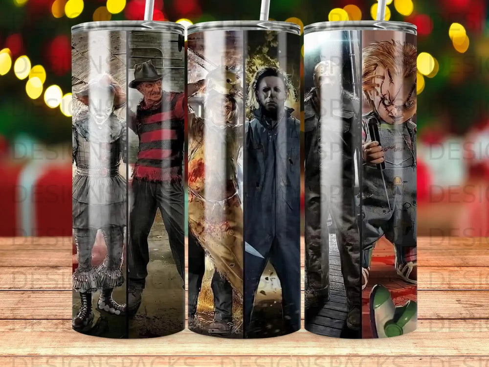 Freddy Krueger, Michael Myers, Pennywise, and Chucky characters on a tumbler.