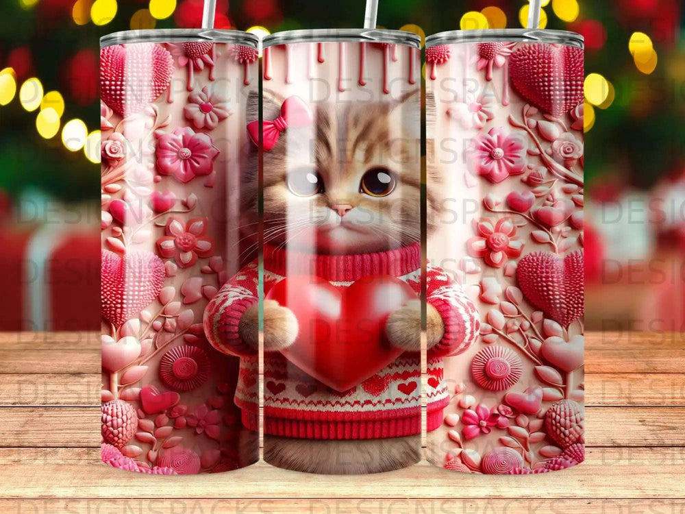 Cute kitten wearing a sweater, holding a heart, with floral and heart patterns.