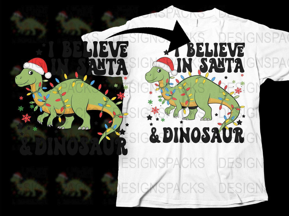 Kids Christmas Dinosaur T-Shirt, Festive Holiday Dino with Santa Hat, Cute Xmas Dinosaur Tee for Children