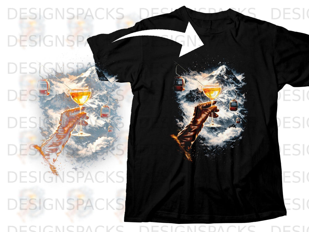 Black t-shirt with graphic of gloved hand holding champagne glass, snowy mountains, and ski lifts.
