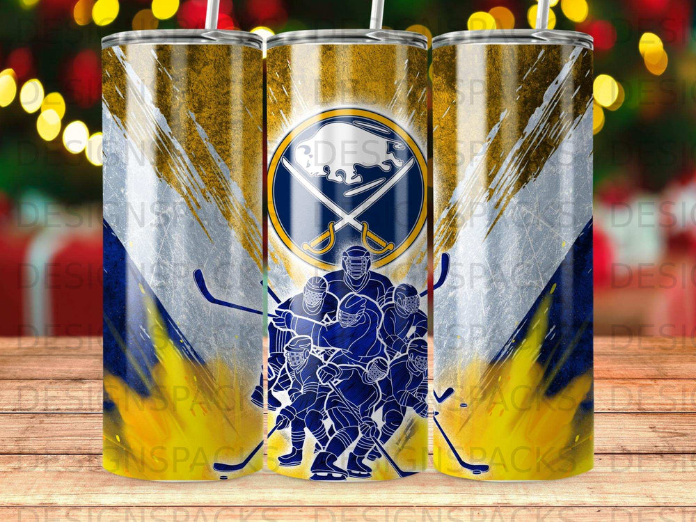 Buffalo Sabres hockey team logo and players on a striped tumbler.