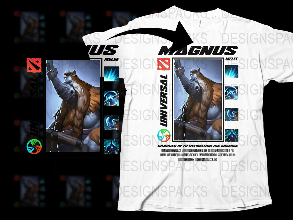 Universal Melee Magnus Graphic T-Shirt, White Tee with Horse Design, Gaming Apparel
