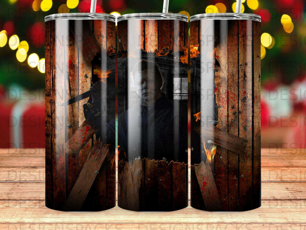 Michael Myers in a wooden door, with flames.