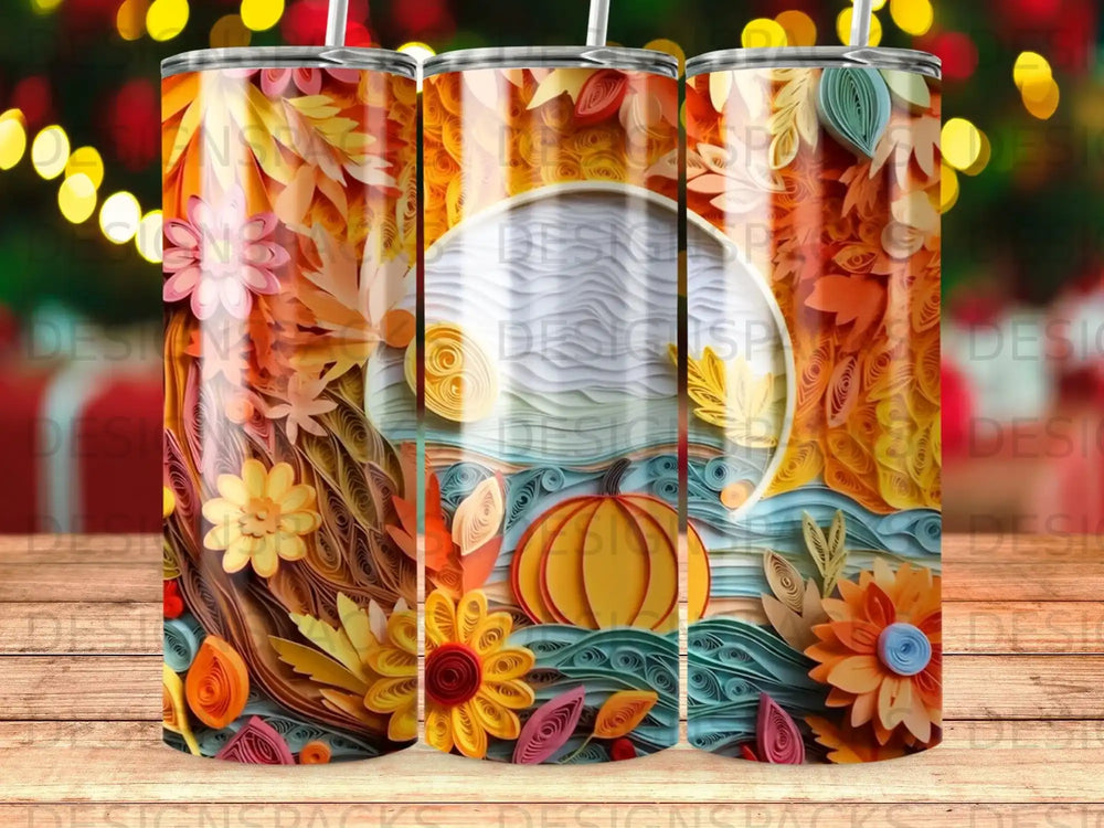 Fall themed tumbler with pumpkin and colorful paper quilled leaves.