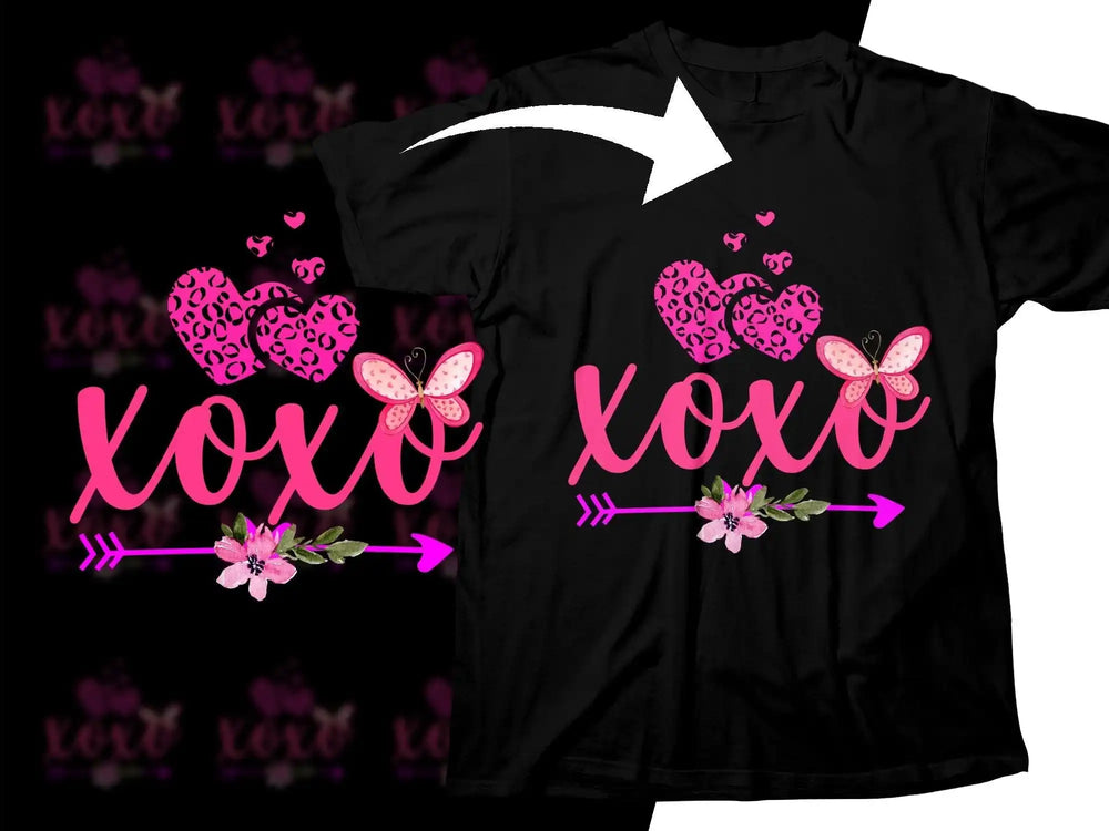 Pink XOXO design with leopard hearts, butterfly, and floral arrow on black t-shirt