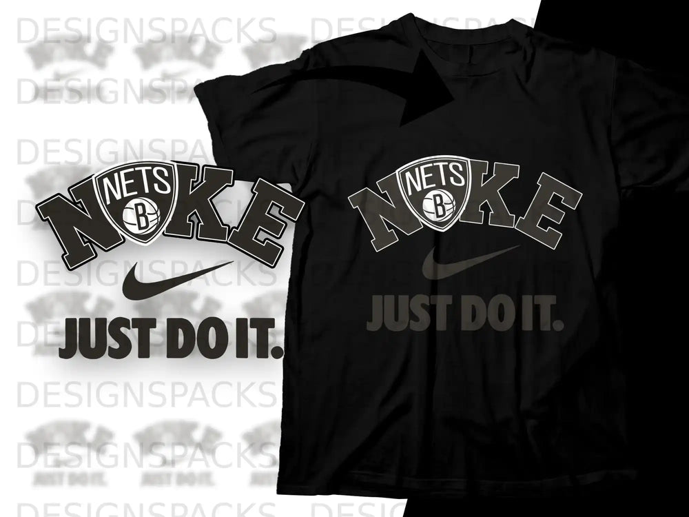 Black t-shirt with white "NETS" and "JUST DO IT." logo and Nike swoosh.