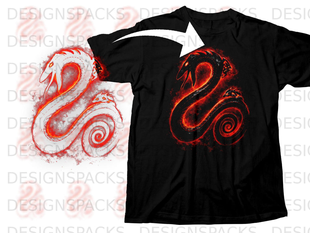 Black t-shirt with a fiery dragon design, shown next to its white outline.